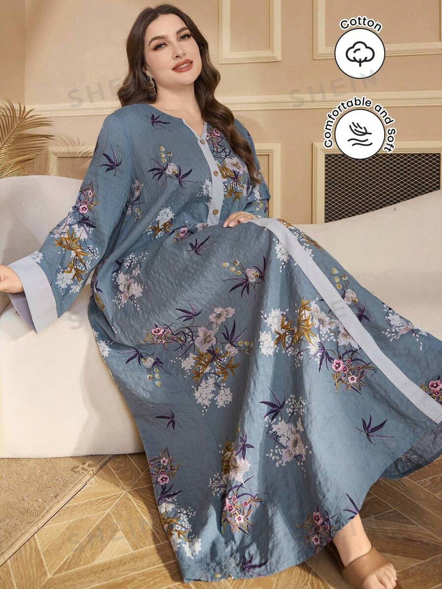 Lacomfia Vestido suelto de manga larga con estampado floral y bloques de color de talla grande, para primavera/otoño