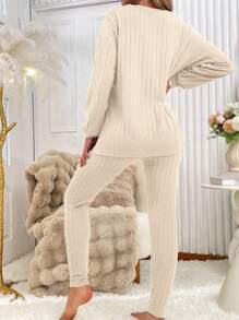 Women Solid Color Ribbed Quarter Button Top & Pants Home Wear Lounge Suit Cozy Outfit, Fall Winter Clothes - Apricot - View 2