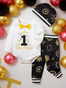 1st New Year 3pcs/Set Baby Boy Bodysuit, Pants, Hat, Holiday Festive Color-Blocking & Pattern, White With Black & Gold