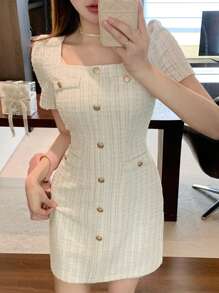 DAZY Square Neck Textured Button Decor Women Short Dress