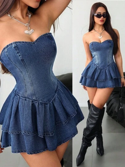 SHEIN ICON Vestido azul de mezclilla para mujer, ropa tipo Y2K, vestido tubo sexy, vestido de fiesta, vestido de San Valentín