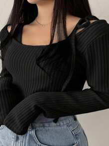 Dazy Plus Ribbed Elastic Fitted Belt Solid Color Long Sleeve Black T-Shirt, Spring/Summer/Autumn