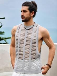 Manfinity Fever City Men's Solid Color Sleeveless Hollow-Out Knit Top, Casual Resort Wear - Light Grey - View 6
