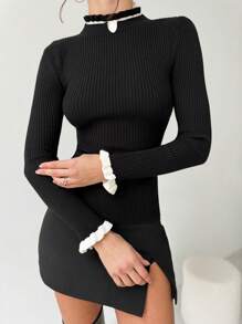 Firerie Elegant Stylish Ruffle Neck Colorblock Form-Fitting Knit Sweater, Slimming Black, Valentine's Day