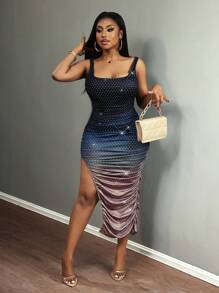 Slaydiva 优雅性感褶饰波尔卡圆点渐变色开衩紧身连衣裙