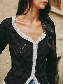 Poéselle Women's Cardigans Black & White Elegant Long Sleeve Cardigans Crochet Sweaters Women's Color Block Long Sleeve Single-Breasted Casual Black Cardigan, Autumn/Winter For Women Clothes Winter Women Outfits Y2k Clothes Black Long Sleeve Top Women Outfits Women Tops,Long Sleeve Top,