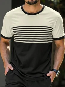 Manfinity Homme Plus Size Men's Striped Print Round Neck Short Sleeve Casual T-Shirt