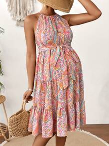 SHEIN Vestido casual corto de cuello de halter con estampado de paisley para embarazadas para la primavera - Rosa - Ver 5