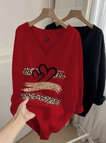 SHEIN LUNE Ladies Red Heart-Shaped Leopard Print Lover Cute Comfortable V-Neck Sweatshirt In Red And Black