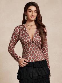 Chiquease Women Deep V-Neck Elegant Printed Blouse - Multicolor - View 5