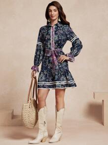 Almamuse Vestido ajustado de manga larga con estampado floral y volantes en el dobladillo para mujer - Azul - Ver 6