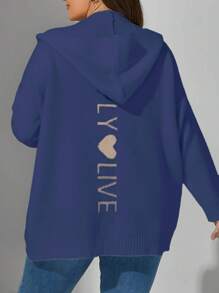 Calvaya Cardigan Wanita Ukuran Besar dengan Motif Huruf, Model Bahu Longgar, Model Berkerudung, Musim Dingin - Biru - View 2
