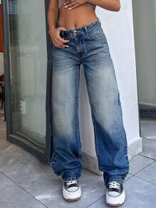 EURMUSE 100% Baumwolle einfarbige hohe Taille Vintage Waschung Gerade Jeans - Mittele Waschung - Übersicht 8