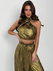 SHEIN Privé Set de 2 piezas con top sin mangas de cuello alto con lentejuelas doradas y pantalones de pierna ancha, atuendo lujoso para ir al trabajo o de vacaciones, ideal para el Día de San Valentín - Dorado - Ver 7