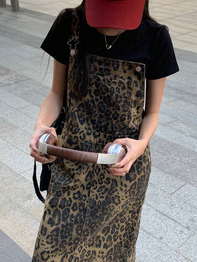 Nuevo vestido de verano de mujer casual y suelto con estampado de leopardo y tirantes de mezclilla con estampado de guepardo