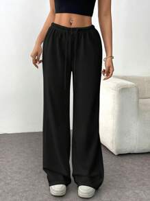 Flirla 纯色前系带简约休闲针织直筒裤