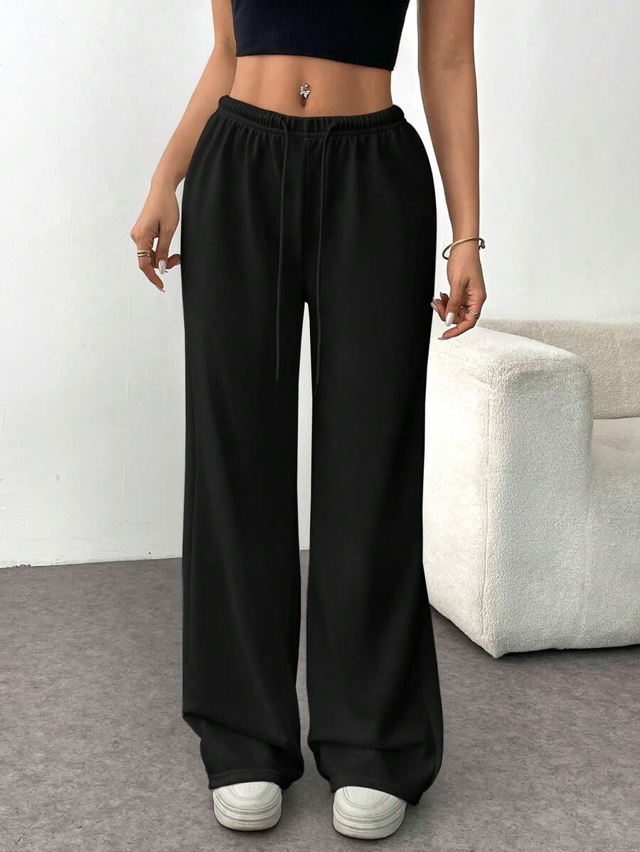 Flirla 纯色前系带简约休闲针织直筒裤