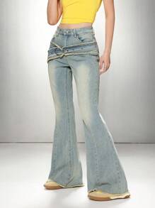 SHEIN EZwear Women Sexy Low Waist Skinny Stretch Flared Jeans, Blue - Dark Wash - View 3