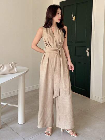 DAZY 纯色宽松连体裤配腰带，优雅休闲女士夏季连体裤女式连体裤