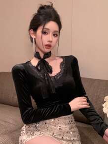 DAZY 女士修身蕾丝拼布T恤，春夏新品，秋季女装