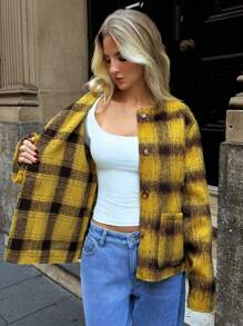 Forever 21 Áo khoác len kẻ caro hai túi thường ngày cho nữ, Thu/Đông - Nhiều màu - Xem 8