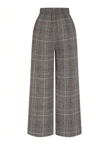 Celure Plus Size Women Elegant Commuting Wide Leg Pants, Thick Checked Tweed
