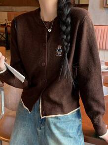 DAZY Kardigan damski w kontrastowym kolorze z haftowanym misiem, wiosna/lato, Walentynki - Brązowy - Zobacz 1