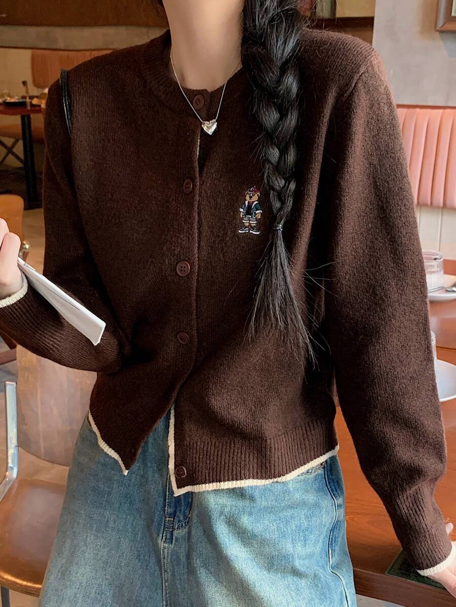 DAZY Kardigan damski w kontrastowym kolorze z haftowanym misiem, wiosna/lato, Walentynki - Brązowy - Zobacz 1