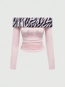 ROMWE J-Fashion Shibuya Subculture 人造毛皮斑马纹拼布针织修身水钻装饰女式上衣，情人节 - 淺粉色 - 查看 5