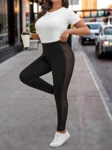 SHEIN LUNE Plus Size Women Patchwork Semi-Sheer Houndstooth Rhinestone Elastic Waist Leggings, Spring, Clubs Women Sexy, Valentine,Love/Lover, Spring, Summer - Black - View 6