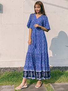 DAZY Ladies All-Over Floral Print V-Neck Oblique Placket Chiffon Dress, Flower Vacation Beach, Spring/Summer Boho - Blue - View 3