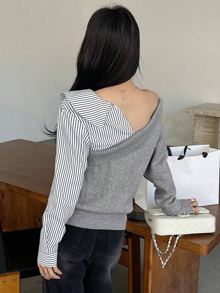 Women's Patchwork Striped Contrast Color 2 In 1 Blouse,Fall Clothes Long Sleeve Top