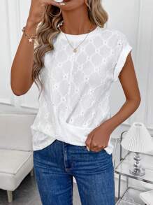 SHEIN Clasi Casual effenkleurig T-shirt met holle borduursels voor dames