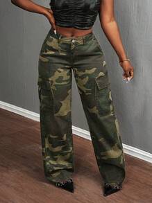SHEIN Slayr Women's Cargo Pocket Casual Low Waist Camouflage Straight Leg Jeans