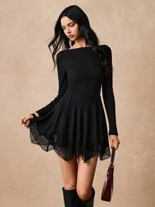 Poéselle Bộ đồ liền thân nữ Đầm nữ Đầm đen hở lưng viền ren bất đối xứng Đầm dệt kim màu trơn hở lưng cổ tròn tay dài Đầm mini thanh lịch cho nữ, Đầm mini thu đông cho nữ Đầm mùa đông Quần áo nữ mùa đông Đầm ngày lễ tình nhân Đầm suông Boho Quần Đầm mùa đông Đầm dự tiệc cho nữ, - màu đen - Xem 8