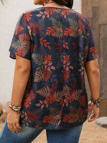 EMERY ROSE Camisa casual de manga de murciélago con estampado de plantas para talla grande, conjunto de ropa de primavera para mujer, ropa de mujer de estilo occidental, ropa de mujer para vacaciones tropicales