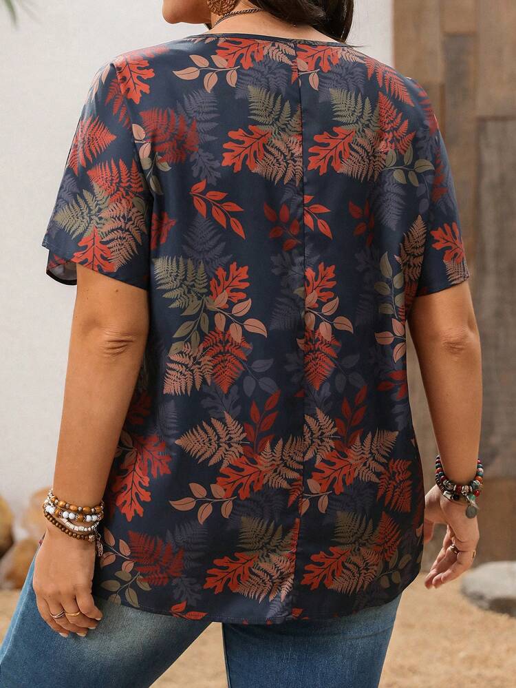 Plus Size Plant Print Batwing Sleeve Casual Vacation Blouse, Spring For Women, Western Wear Women, Tropical Vacation Woman