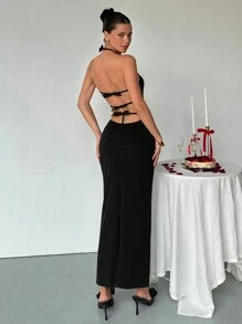Aloruh 女士优雅性感露背蝴蝶结装饰领带生日紧身连衣裙