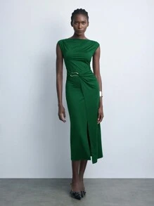 Maija Autumn/Winter New Elegant Burgundy Short Sleeve Midi Knit Waist Dress, Suitable For Holiday Parties And Urban Chic - Dark Green - View 4