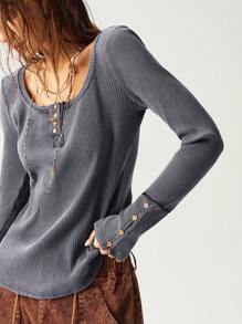 Bohemela 女士纯色针织方领半拉链长袖修身洗水 T 恤 - 黑色 - 查看 2