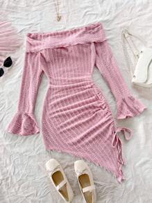 Soleia Casual Off Shoulder Textured Body Con Drawstring Asymmetrical Hem Dress - Pink - View 1