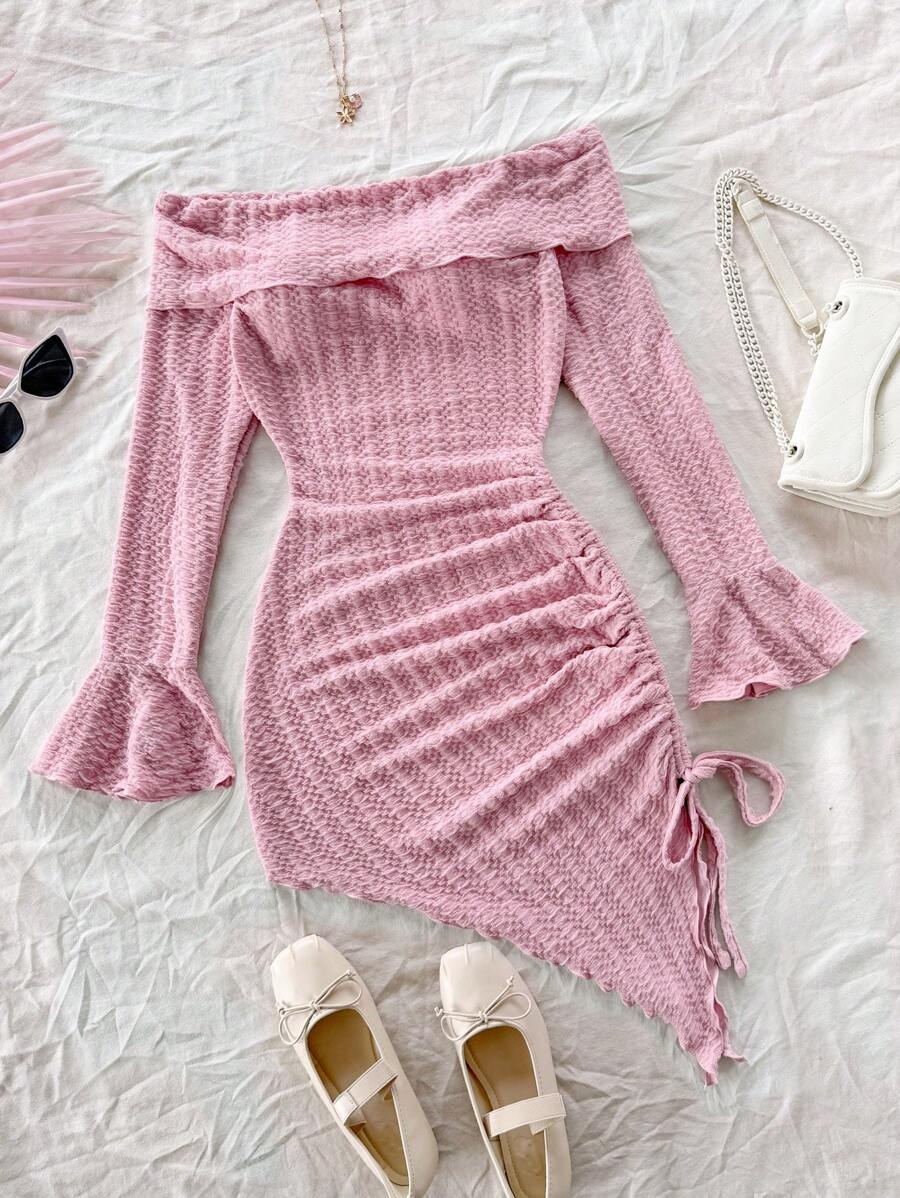 Soleia Casual Off Shoulder Textured Body Con Drawstring Asymmetrical Hem Dress - Pink - View 1