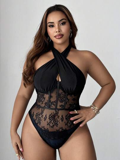 Maweii Plus Size Women's Spring/Summer New Year Black Lace Sexy Hollow Out Tie Front Avant-Garde French Casual Young Elegant Fashion Elastic Knit Versatile Comfortable Undershirt/Outerwear, Elegant Sexy Party Outfit, Black Bodysuit, Black Bustier Top