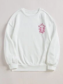 INAWLY Nuevo suéter informal con capucha de mujer con bordado floral de cruz/Ropa con temática religiosa/Sudadera cristiana/Corte holgado para primavera Pascua