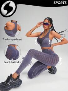 Innovista Violetter Wascheffekt Jeans-Look Nahtloses Sportset mit hoher Elastizität 2 Stücke für Damen, nahtloser Sport-BH mit mittlerer Stützfunktion und Racerback-Design sowie Push-up Effekt und Workout Biker Leggings Set, Alltagsoutfit & Workout Set, Yoga Set, Fitnessstudio Set, Laufoutfit, Herbst-Winter Tragekleidung, Pilates, Outdoor Yoga