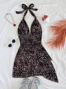 Soleia Vintage Leopard Print Halter V-Neck Tie Mesh Ruched Romantic Vacation Women Mini Dress - Multicolor - View 4