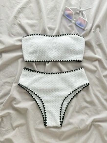 Swim Mod New Textured Fabric Women Summer Vacation Bandeau Ruffled Bikini Set - White - View 3