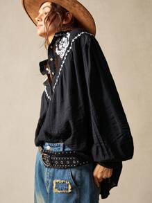 Bohemela Camisa informal de mujer tejida de unicolor con bordado