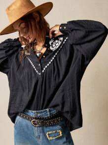 Bohemela Camisa informal de mujer tejida de unicolor con bordado