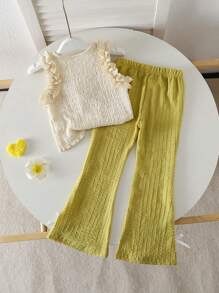 Elladie kids 2pcs Young Girl Flower Decor Patchwork Ruffle Hem Camisole And Flared Pants Cute Set - Multicolor - View 3